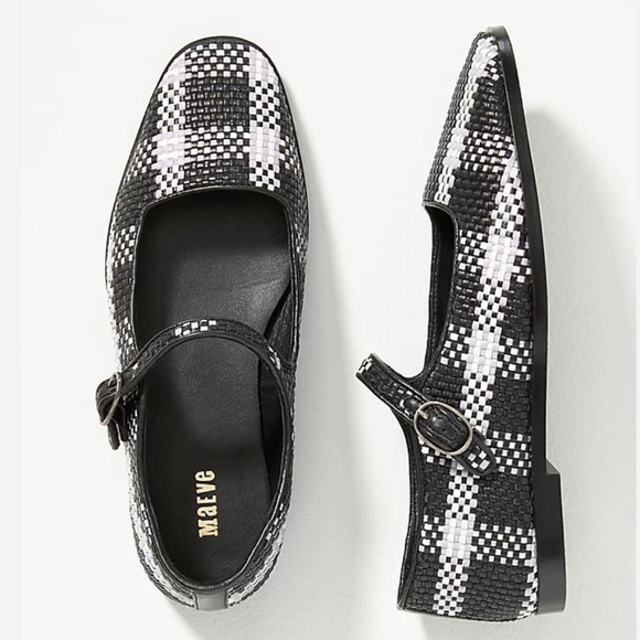 Anthropologie Maeve Black/White Leather Square Toe Woven Mary Jane Flats NWT - Picture 1 of 14